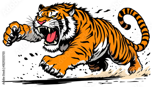 An aggressive and powerful striped tiger mascot is dynamically depicted mid-leap with an open roaring mouth, rendered in a striking graphic vector illustration style.