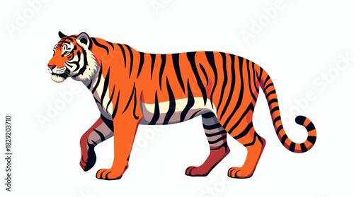 A vibrant vector illustration features a majestic tiger, depicted in a walking pose against a clean, minimalist background, perfect for diverse design applications.