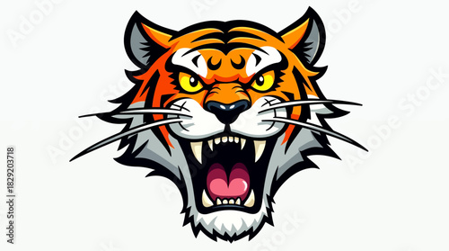 A fierce and roaring tiger head vector illustration with sharp fangs and an aggressive expression, perfect for a sports mascot or logo design.