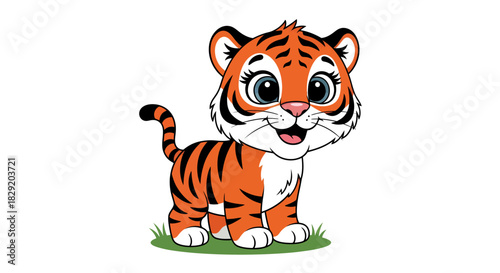 A charming and adorable baby tiger cub, rendered in a playful cartoon vector style, stands happily on a small patch of green grass with a clean white background.