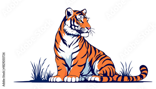 A vibrant vector illustration portrays a majestic tiger sitting amidst tall grass, rendered in a clean, modern style perfect for various design applications.