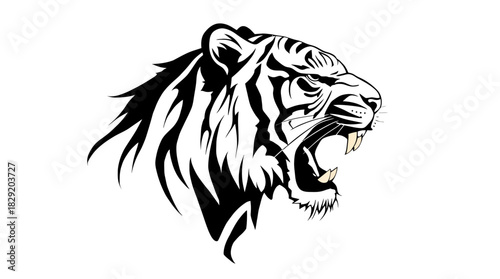 Detailed vector illustration of a roaring tiger head with visible teeth, rendered in black and white, perfect for logos, emblems, and graphic design projects.