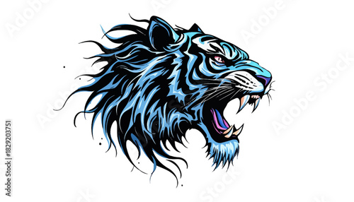 An aggressive tiger head roars with a fierce expression, depicted in a dynamic vector illustration with sharp details and a modern, stylized design on white.