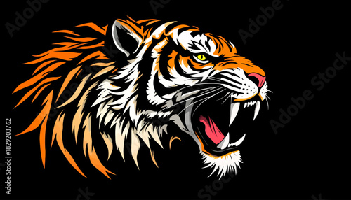 A fierce tiger head vector illustration with a menacing expression, showcasing its sharp teeth and intense gaze against a dark, contrasting background.