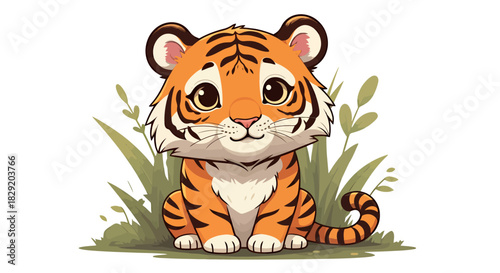 A charming cartoon tiger cub with adorable features sits amidst vibrant green foliage, presented in a delightful and playful vector illustration with a clean white background.
