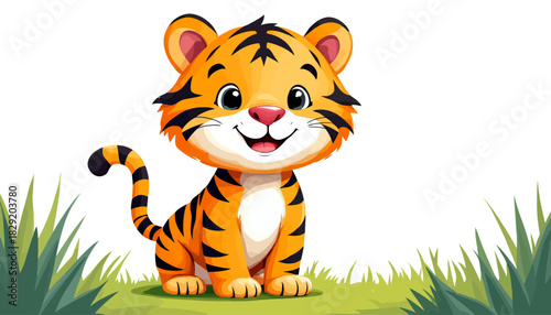 A cheerful and adorable baby tiger illustration, rendered in a charming cartoon vector style, sits happily on vibrant green grass with a clean white background.