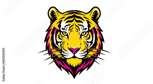 A vibrant and fierce tiger head, rendered in a striking vector illustration style with bold yellow and magenta colors, perfectly isolated on a clean white background.