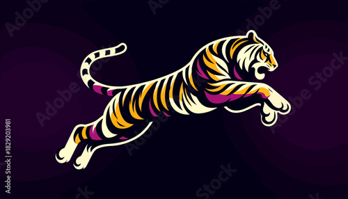 A vibrant vector illustration showcasing a leaping tiger with bold stripes and dynamic movement, set against a dark background for striking visual impact.