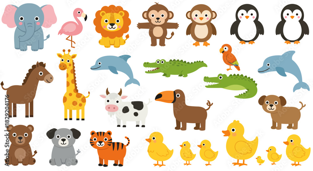 Naklejka premium A vibrant vector illustration showcases a delightful collection of cartoon animals, perfect for children's designs, educational materials, and playful projects, featuring a diverse array of creatures
