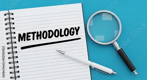 Notebook with the word methodology written on a page next to a magnifying glass and a pen
