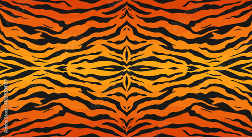 A vibrant and symmetrical graphic pattern featuring abstract black stripes on a gradient orange and yellow background, resembling a tiger's fur print.