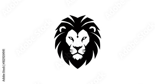 A powerful and majestic black and white vector illustration of a lion's head, designed as a striking emblem or logo, isolated on a clean white background.