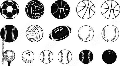 Black and White Sports Balls Collection Vector Illustration Set, Including Football, Basketball, Volleyball, Baseball, Tennis, Golf, Bowling, and Rugby 