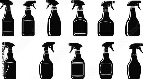 Cleaning and Chemical Spray Bottle Silhouette Vector Illustration Set, Featuring Plastic Dispensers with Trigger Sprayers for Household, Commercial, and Industrial  
