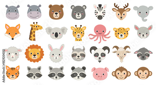 A charming collection of adorable animal head illustrations in a vibrant vector format, perfect for children's designs, educational materials, and playful graphic projects, available as a