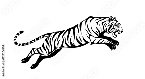 A powerful black and white vector illustration depicting a majestic tiger in mid-air, dynamically leaping across a clean, isolated background.
