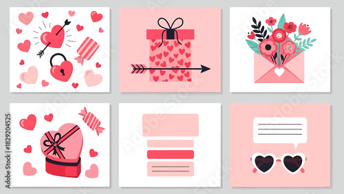 Valentines Day themed illustrations featuring hearts, gifts, and love symbols.