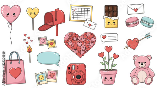Valentines Day Kawaii Stickers - Heart Balloon, Mailbox, Calendar, Chocolate, Macarons, Teddy Bear.