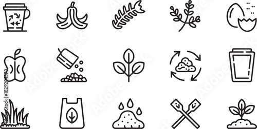 Composting icons set for organic waste, eco-friendly living, sustainability, and green lifestyle design