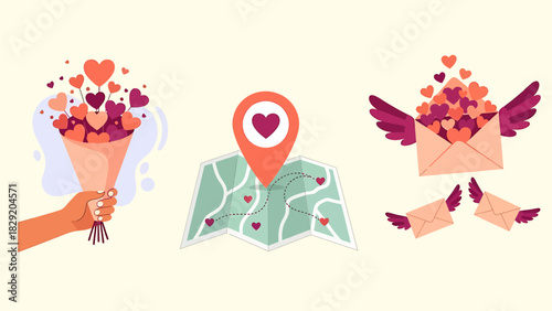 Valentines Day Icons - Bouquet, Map Pin, and Love Letter with Hearts.
