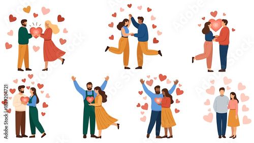 Illustrations of Couples in Love Surrounded by Hearts.
