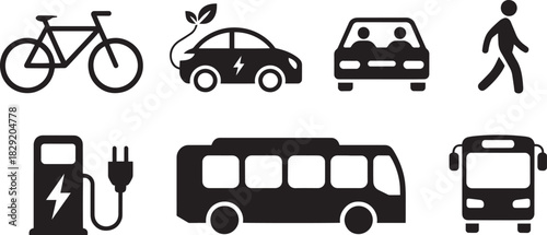 Transportation Icons for Eco Travel, Public Transit, Urban Mobility, and Sustainable Infrastructure Design