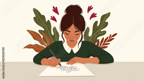 Concentrated Woman Drawing with Pen on Paper, Creative Expression.