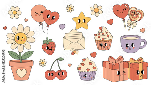 Cute Kawaii Valentines Day Stickers - Hearts, Flowers, Sweets, and Gifts.