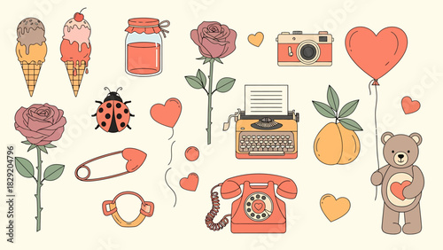Collection of Vintage Valentines Day Themed Illustrations.