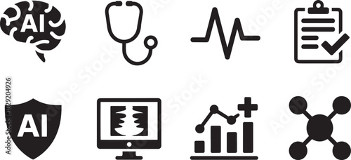 AI and Healthcare Icons for Medical Innovation, Diagnostics, Data Analysis, and Patient Care Design