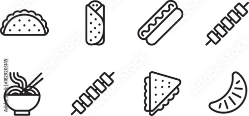 Street Food Line Icons for Menu Design, Global Cuisine Graphics, and Minimalist Food Illustrations