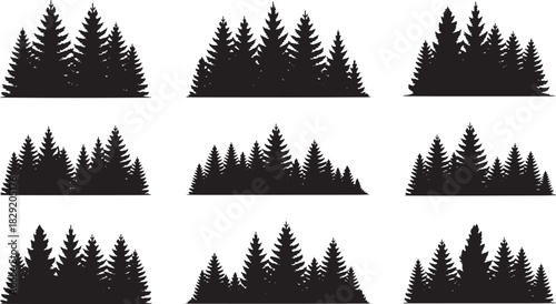 "Silhouettes of Coniferous Tree Clusters for Forest Design, Landscape Art, and Nature Illustration"
