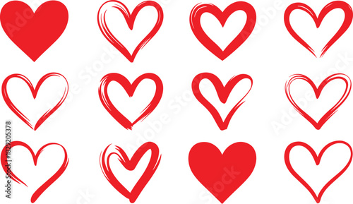 Hand-drawn heart icons in various styles including scribble, outline, solid, striped, and decorative