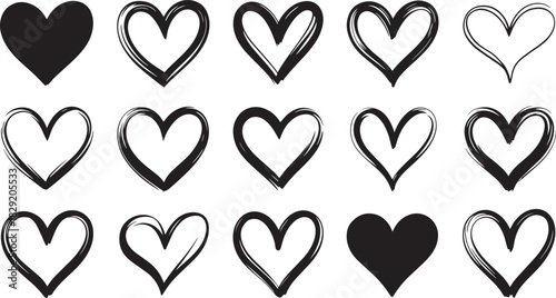 Hand-drawn heart icons in various styles including scribble, outline, solid, striped, and decorative