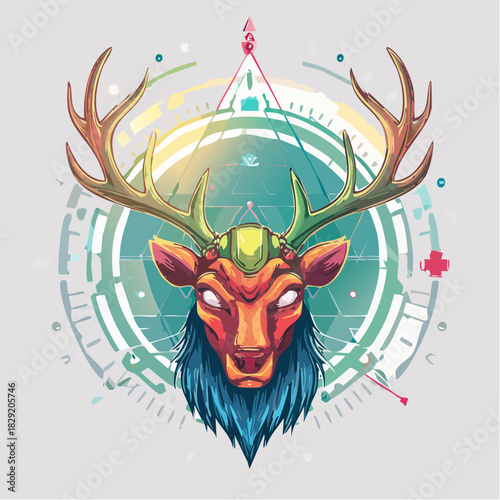 Stylized majestic deer head with techno sigil elements and geometric cathedral-like arches, a futuristic vector graphic