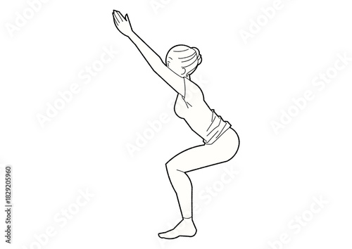 チェアポーズ　ヨガをする女性　線画