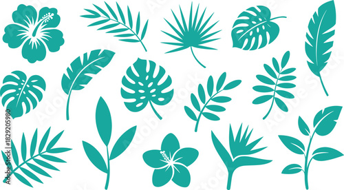Tropical plant and flower icons including palm, monstera, fern, hibiscus, plumeria, and foliage shapes