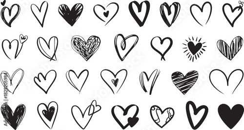 Hand-drawn heart icons in various styles including scribble, outline, solid, striped, and decorative
