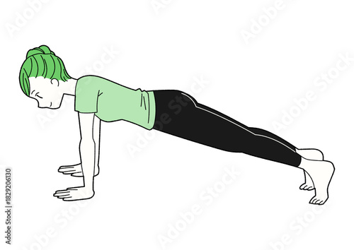プランクをする女性の線画イラスト 緑と黒の配色