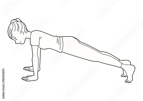 プランクをする女性のモノクロ線画イラスト