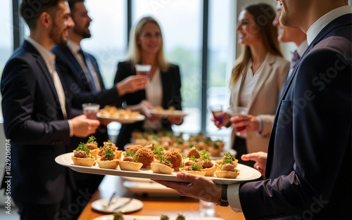Businesspeople enjoying catering service with appetizers and beverages at corporate event, creating networking opportunity. High quality