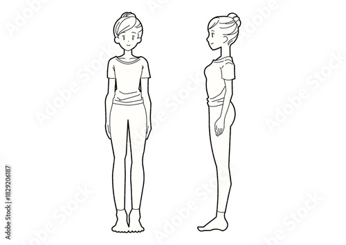 女性の立ち姿　正面と横向きの全身線画イラスト