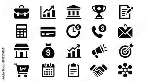 Collection of business finance management and marketing icons for professional use cases