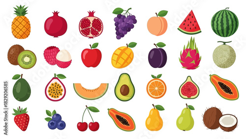 Colorful Cartoon Fruit Collection – Healthy Eating Vector Icons Set