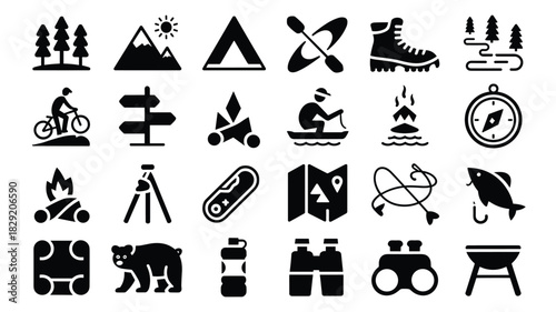 Outdoor adventure and recreational activities icons set for travel and wilderness exploration