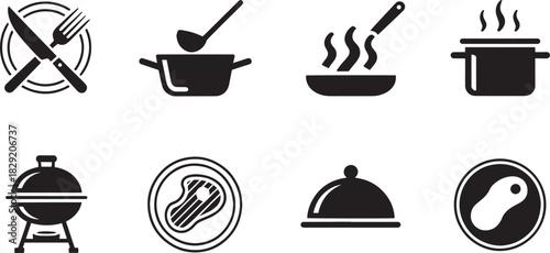 Cooking and kitchen icon set vector – cookware, pots, grill, and utensils black silhouette collection for restaurant, food, or culinary design