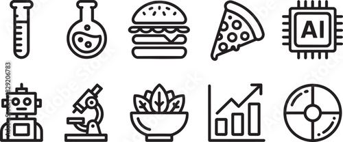 Black icons of food delivery, fast food, mobile location, backpack, shirt, and lifestyle essentials