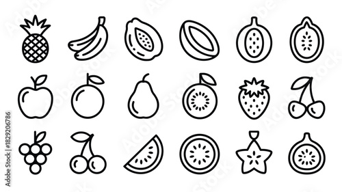 Outline drawing assortment of tropical fruits pineapple banana apple strawberry and more fresh food