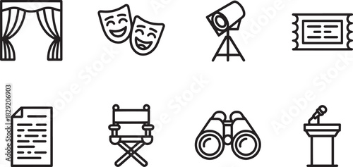 Theater and stage icon set vector – acting, performance, spotlight, ticket, curtain, and film elements for drama, art, or entertainment design