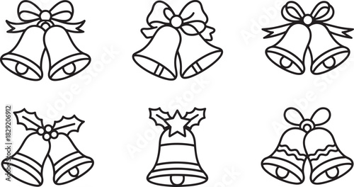 Christmas bells icon set vector – festive jingle bell outline illustration with ribbons and holly leaves for holiday greeting or winter decoration